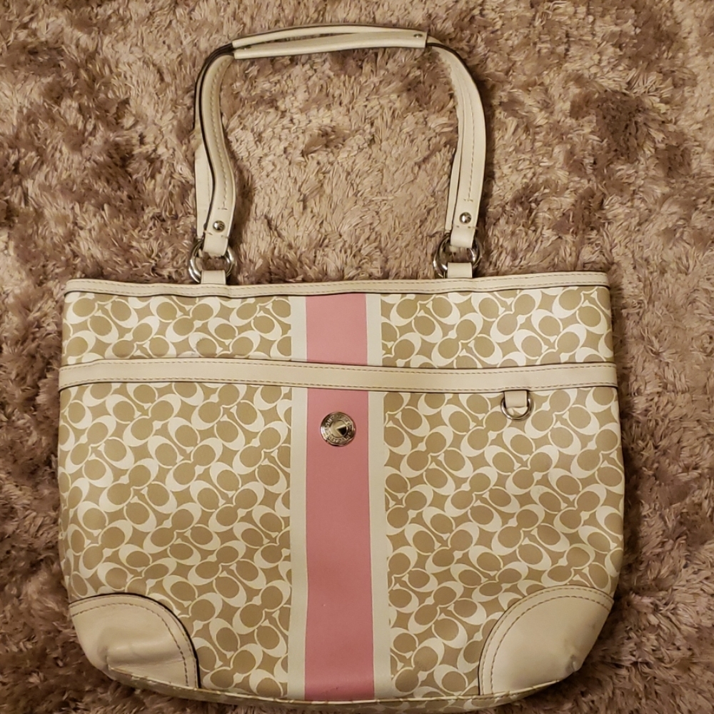 Coach Pink, Cream, and Taupe Leather Shoulder Bag